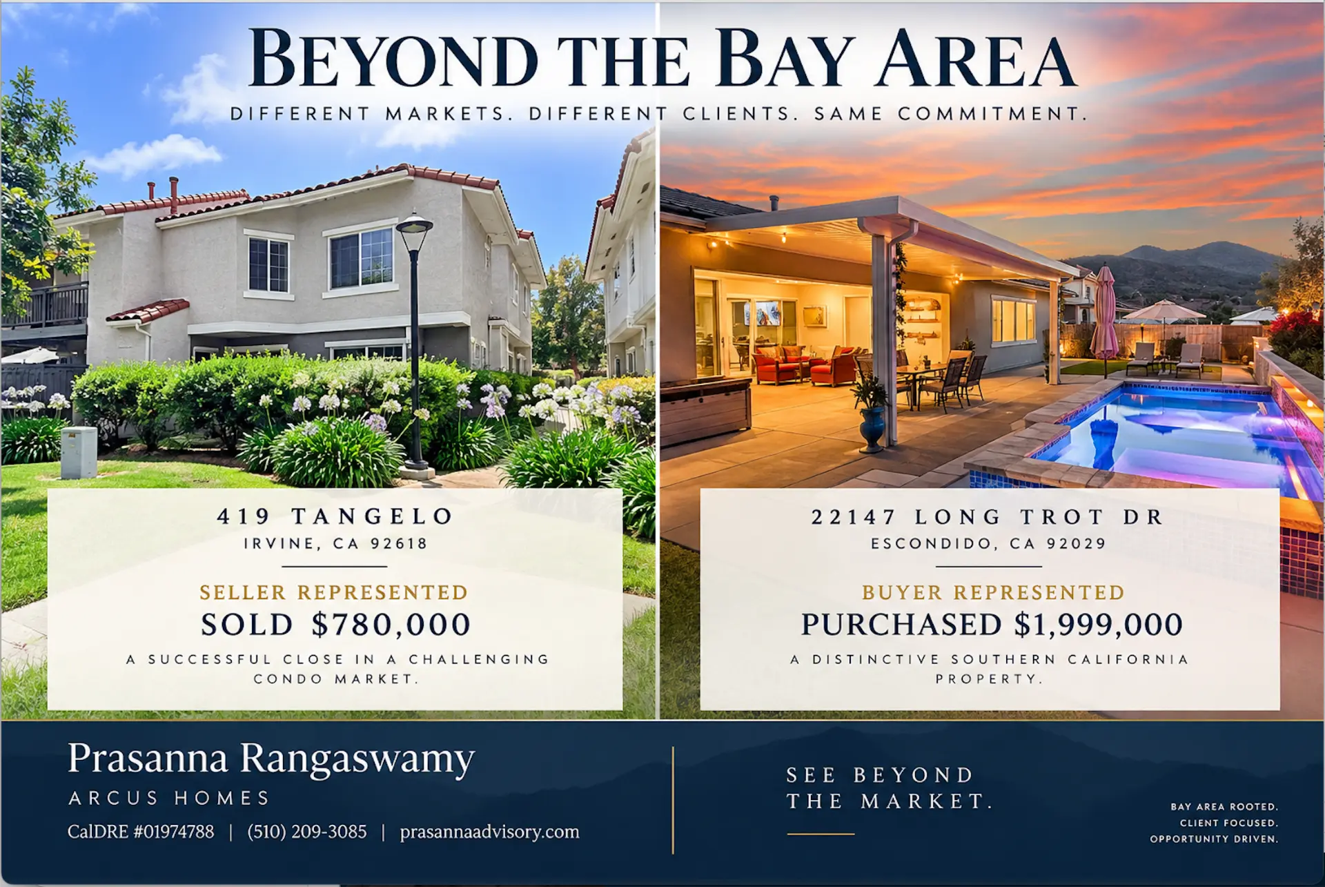 419 Tangelo in Irvine and the pool and patio at 22147 Long Trot Drive in Escondido