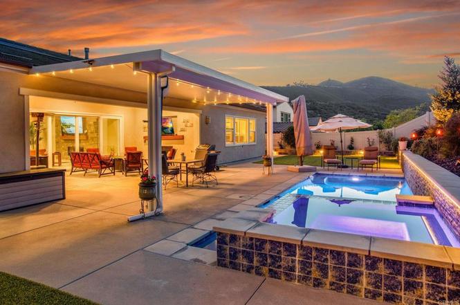 Pool, patio, and sunset at 22147 Long Trot Drive in Escondido, purchased with buyer representation by Prasanna Rangaswamy